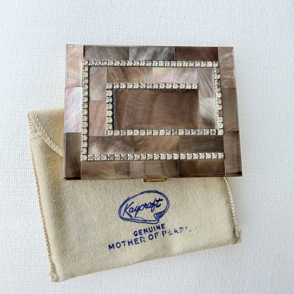 Vintage Kaycraft Mother of Pearl Rhinestone Cigarette Case Gold Hollywood Regenc